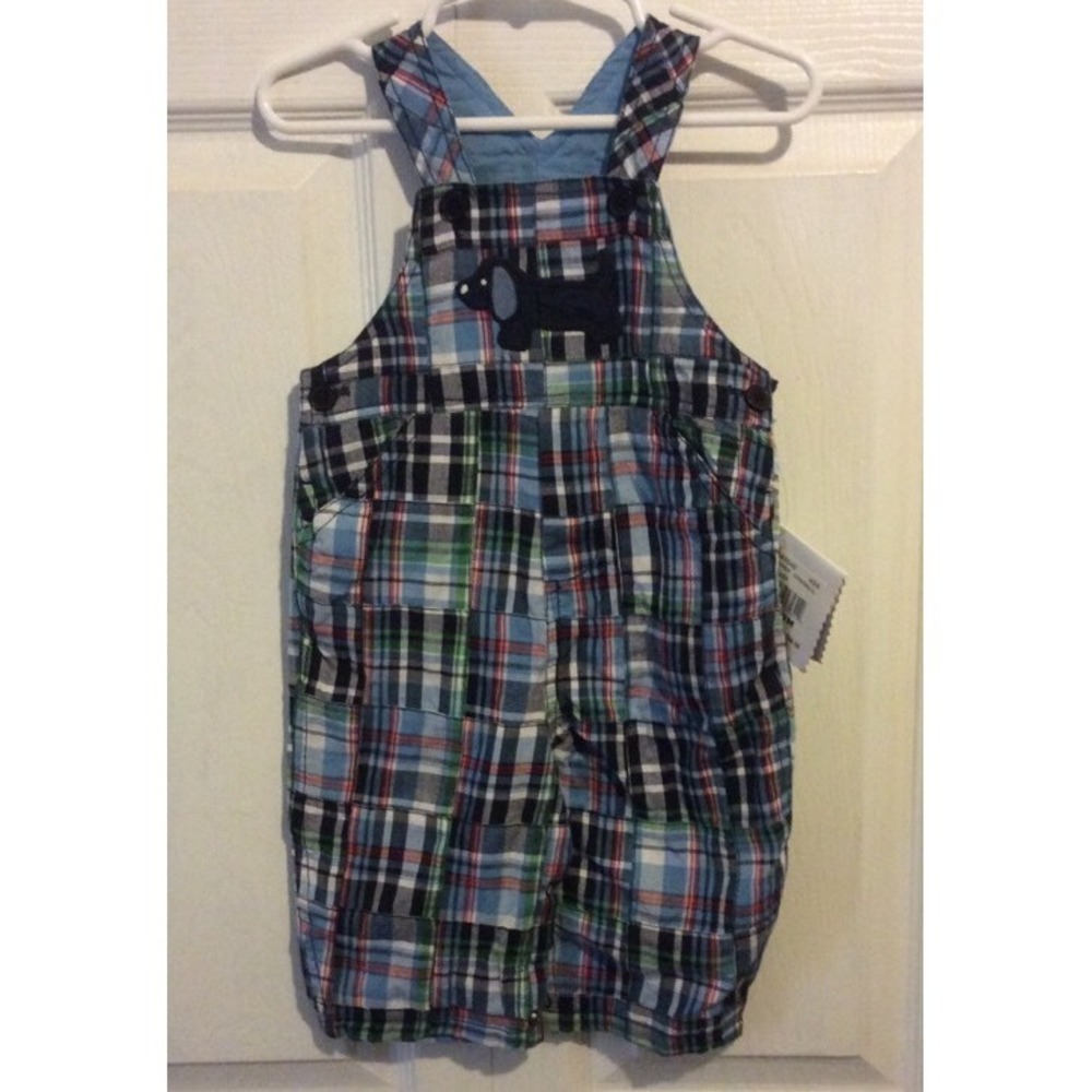 Hartstrings size 6-9 months new madras plaid dachshund dog bibs overalls sausage